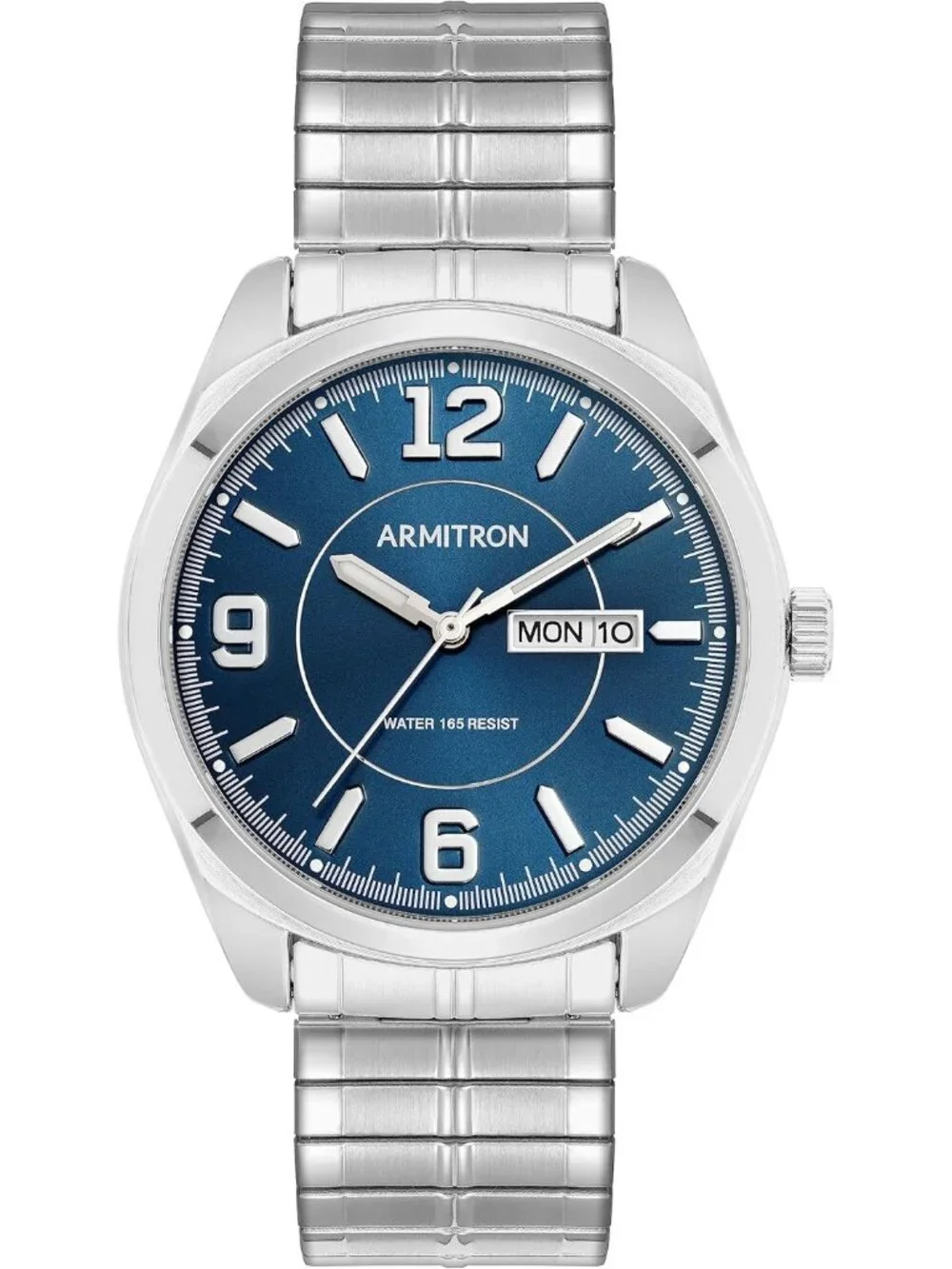 Mens Silver Navy Blue Analog Quartz Expansion Band Day-Date Function Round Watch